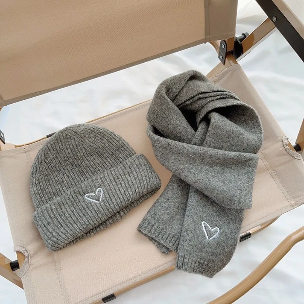 Love Heart Embroidery Knitted Hat Scarf Set Thickened Korean Style Winter Pullover Cap Anti-cold Solid Color Neck Warmer Set