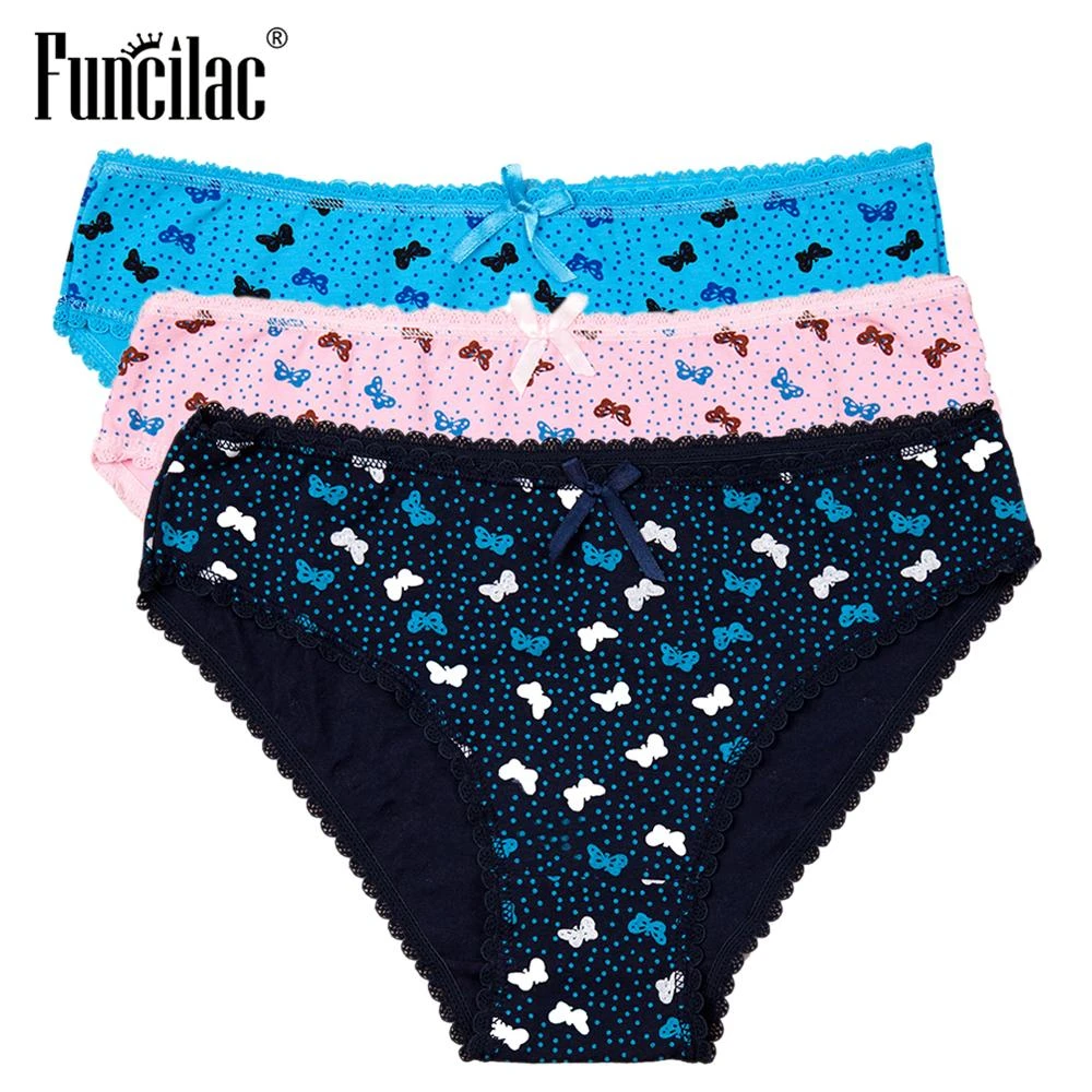 3 Pcs/set Women's Panties Cotton Ladies Underwear Sexy Lace Briefs Butterfly Print Striped Plus Size Lingerie M-XXL FUNCILAC