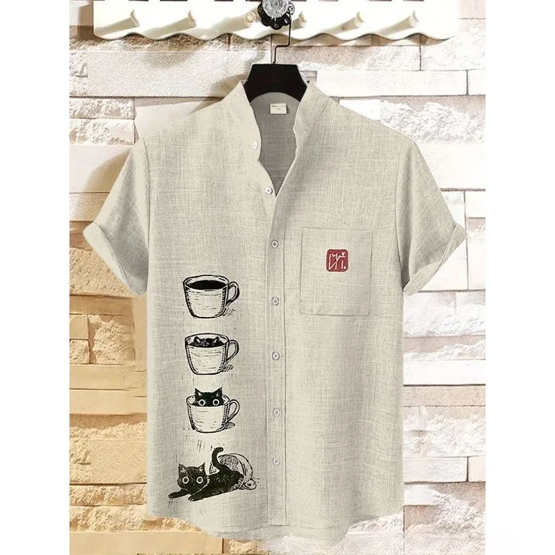 Men's Cat Lying on Pocket Art Print Shirt Summer Short Sleeve Hawaiian Shirts Harajuku Streetwear Button Down Casual Shirt Tops