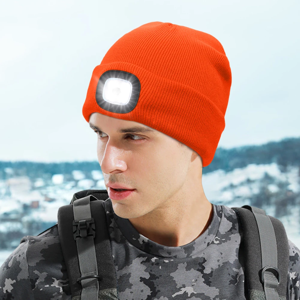 USB Rechargeable Unisex Knitted Hat with 3 Brightness Levels 4 LED Head Flashlight Hands Free Cap Gifts for Dad