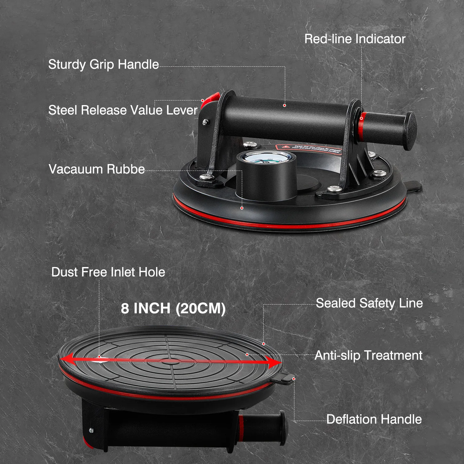 Glass Suction Cup 8 inch 2 Pack Vacuum Suction Cups to Lift Large Glass with 1 Carry Box Heavy Duty Tile Suction Cup Tool