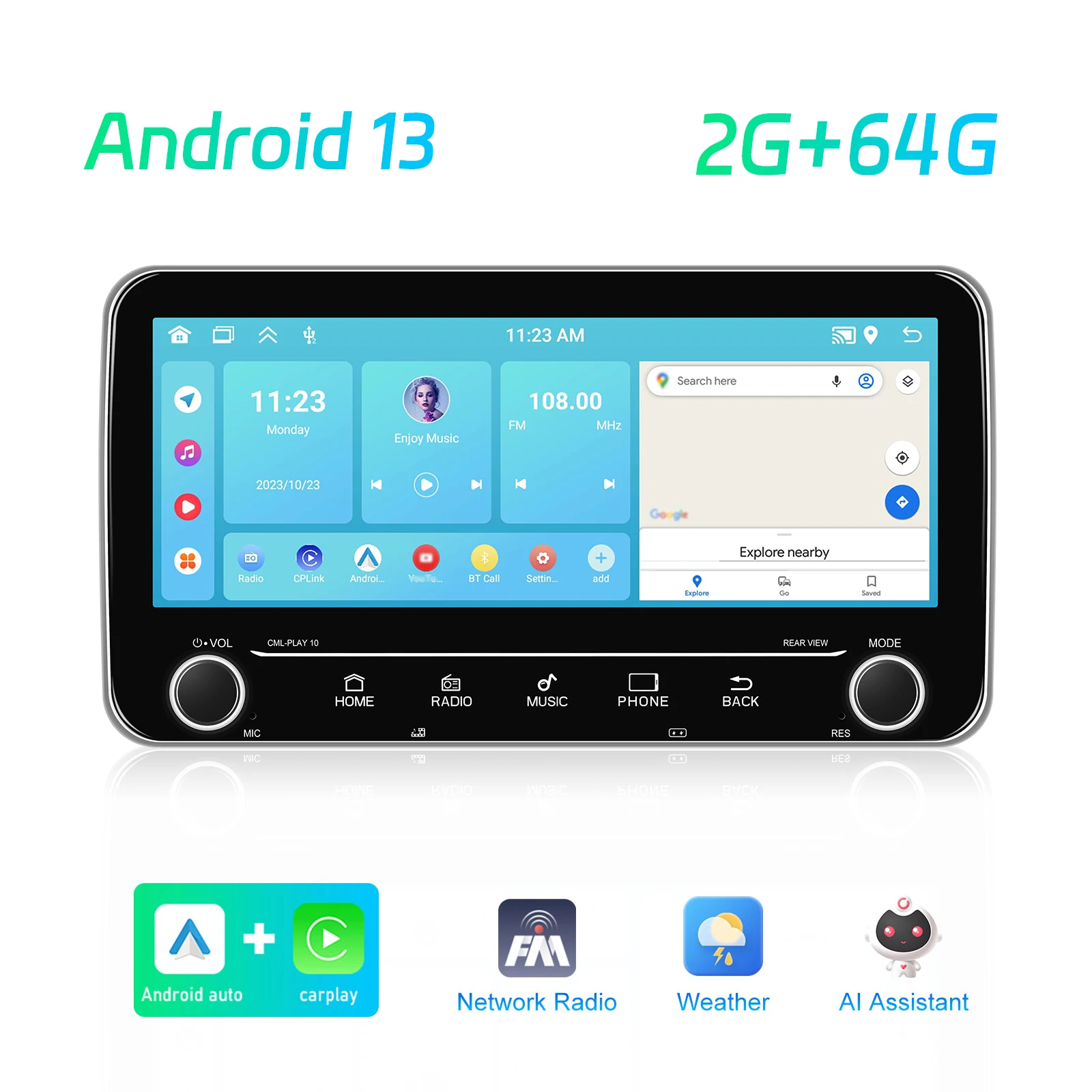 

Автомагнитола Podofo, 10,25 дюйма, 4 ядра, 2 + 64 ГБ, GPS-навигация, Wi-Fi