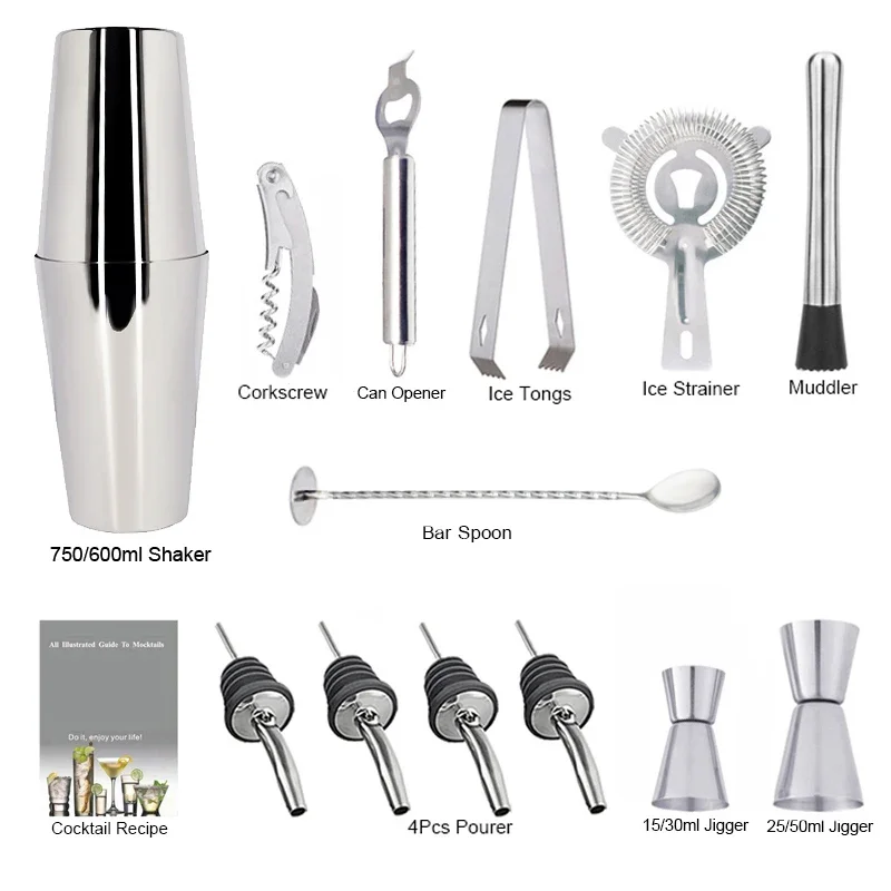 13Pcs 750/600ml Boston Bartender Kit Cocktail Shaker Mixer Bar Tools Shakers With Cocktail Recipe Pourer Jigger
