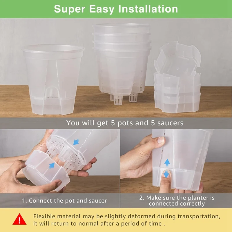 6 Inch Transparent Plastic Garden Pots Self Watering Planters, 5 Pack Plastic Nursery Plant Pots with Deep Reservior
