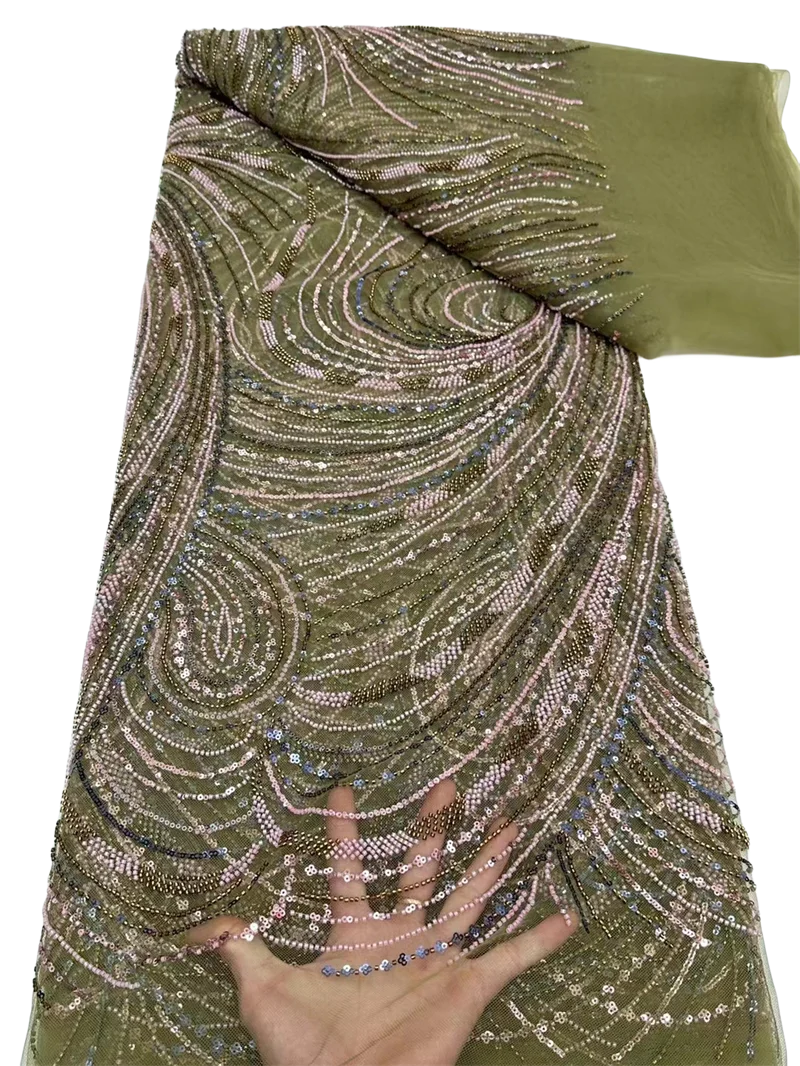 

African Nigerian Tulle, Sequins, 2024, Beads, Stone Prom Dresses, Nigerian Lace Fabric, High Quality, Embroidery, Sewing, 5Yard
