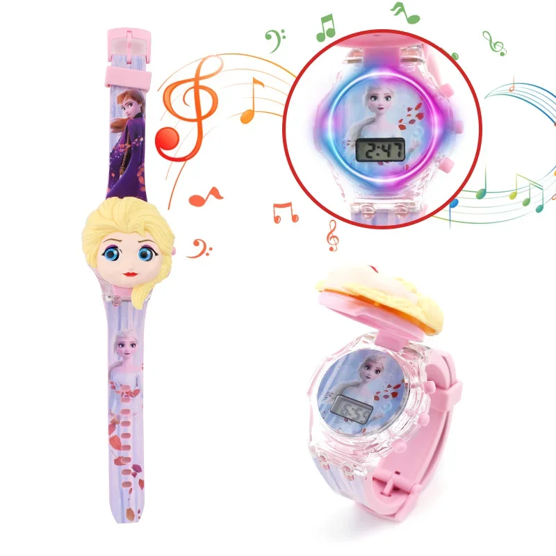 Disney Marvel Spiderman iron Man Frozen Children's music flashing light luminous flip watch boy girl Toy watch birthday present