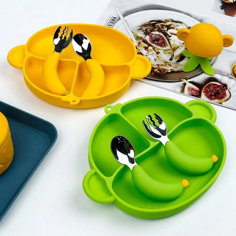 

Силиконовая детская тарелка все-в-одном, детская тарелка с разделителями, портативная Нескользящая присоска с ложкой и вилкой