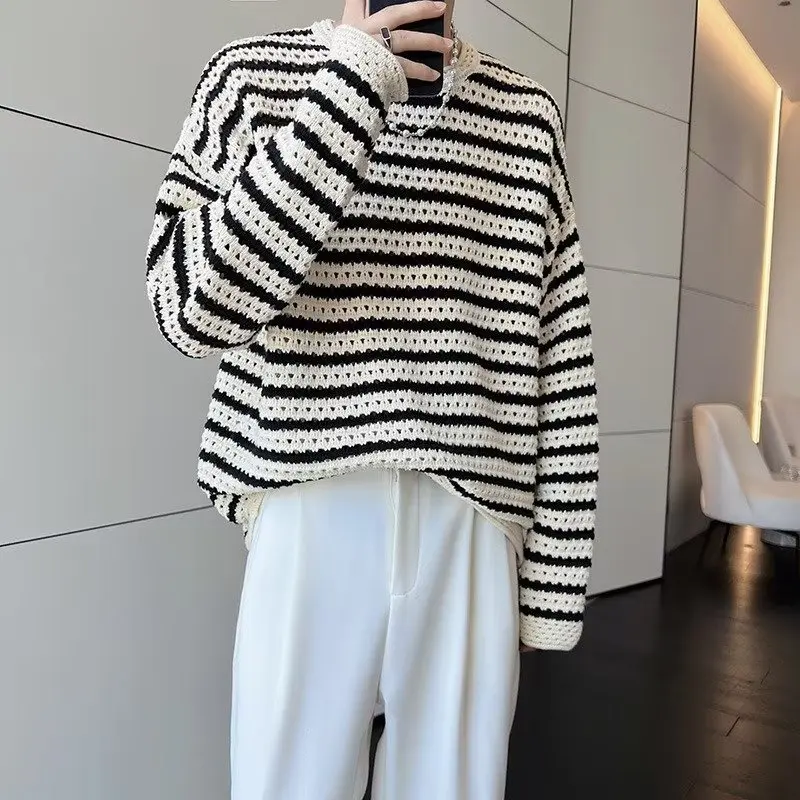 Black and White Striped Hollow Sweater Men's Women's Japanese Style Long Sleeve Bottoming Shirt Pullover Sweater vintage sweater