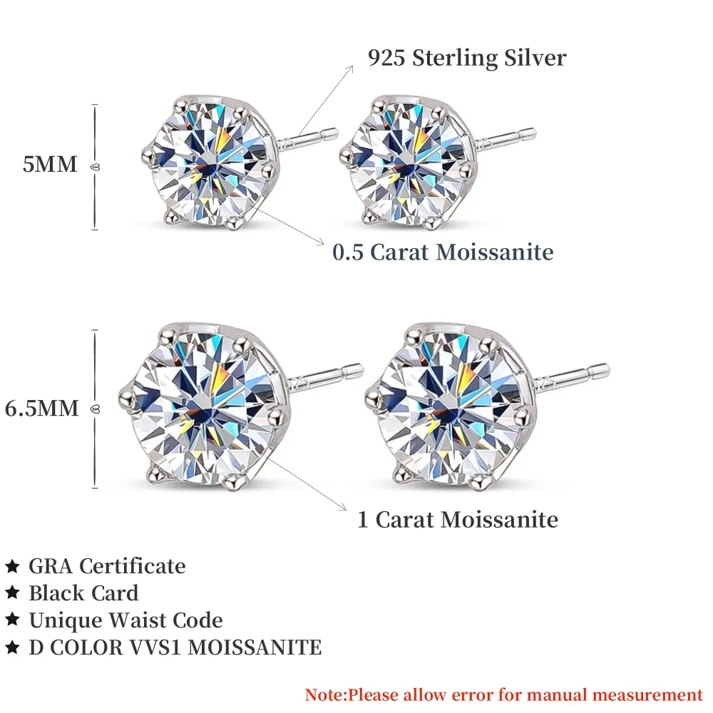 0.5-1 Carat D Colour Moissanite Stud Earrings