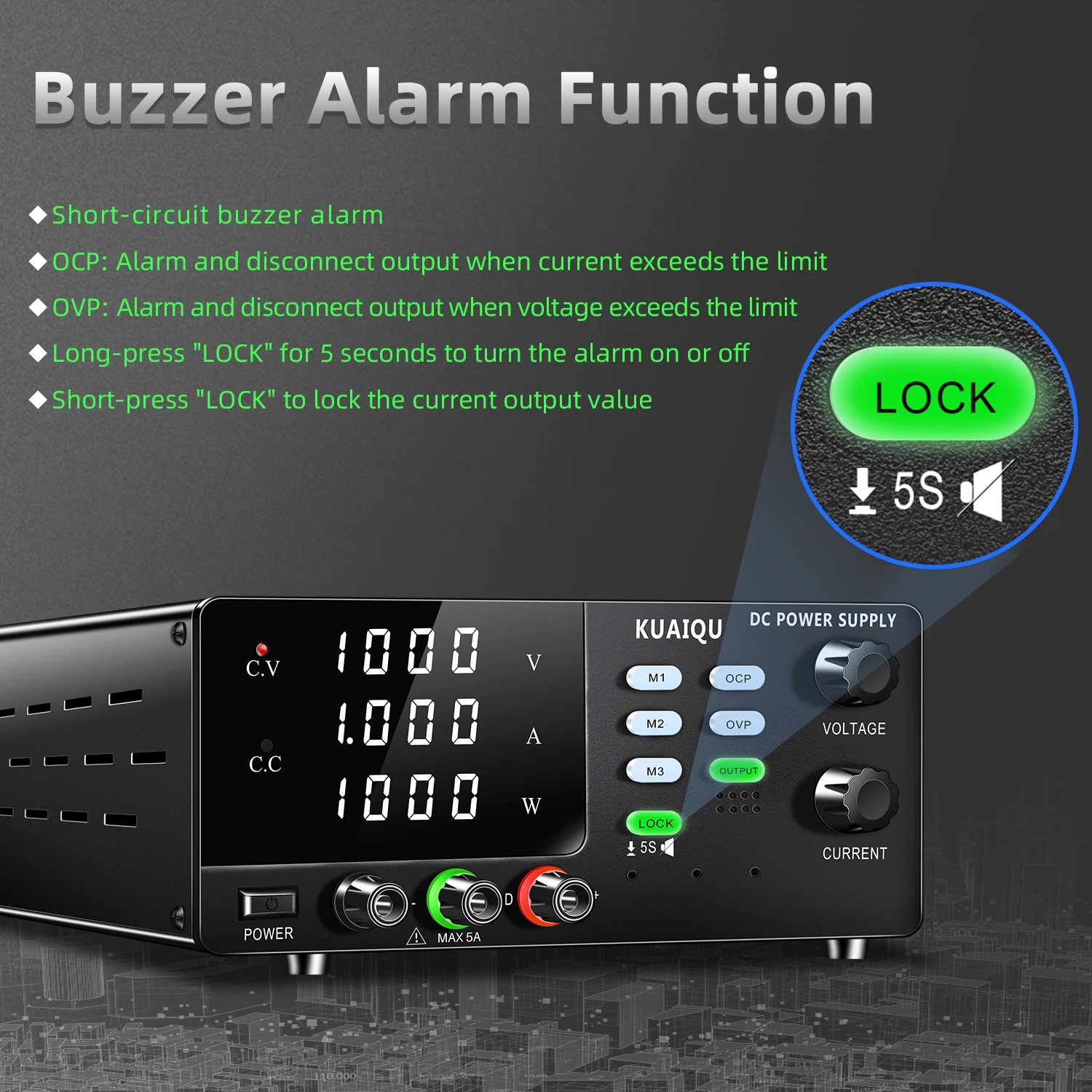 DC Power Supply Variable, Hyelec 30V 5A Adjustable Switching Regulated DC Bench Power Supply With 4 Digits LED Display, Data Hold,Coarse And Fine Adjustment With 110V Alligator Leads - View #2