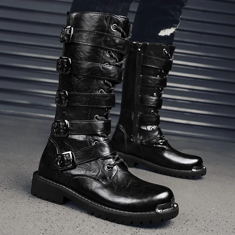 2025 High Leather Boots Men Black Boots Gothic Punk