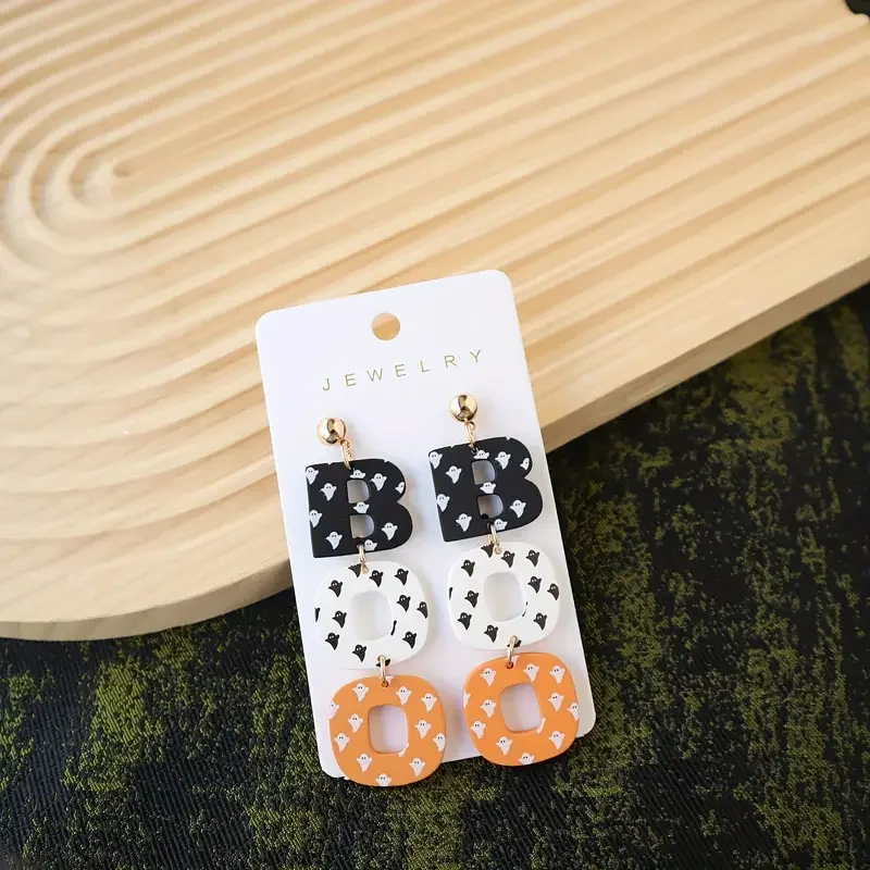 Cute Ghost Print BOO Halloween Acrylic Dangle Earrings for Women Fun & Quirky Party Jewelry Accessory Gifts