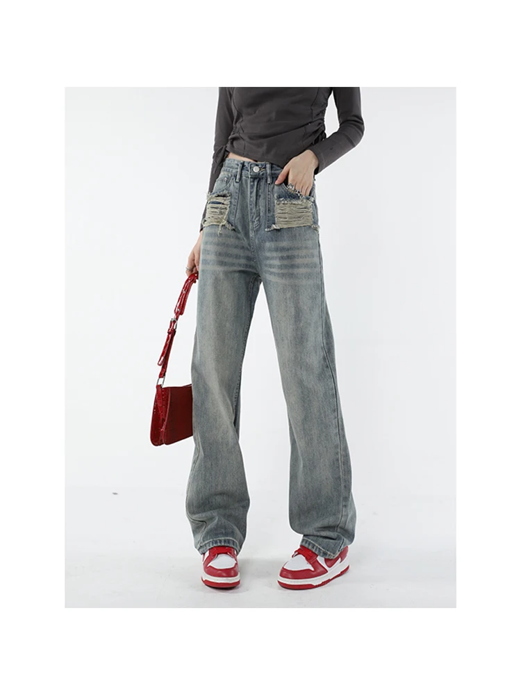 

Spring 2023 Korean Fashion New Chic Light Blue Wide Leg Trousers Jeans Ripped Jeans Women High Waisted Hole Denim Pants