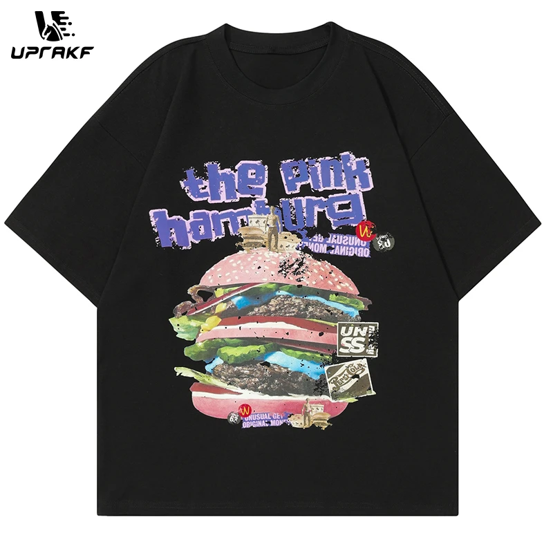 

UPRAKF Hamburger Print T Shirt Short Sleeve Pure Cotton Loose Summer Streetwear Oversize Tees Fashion Casual Top