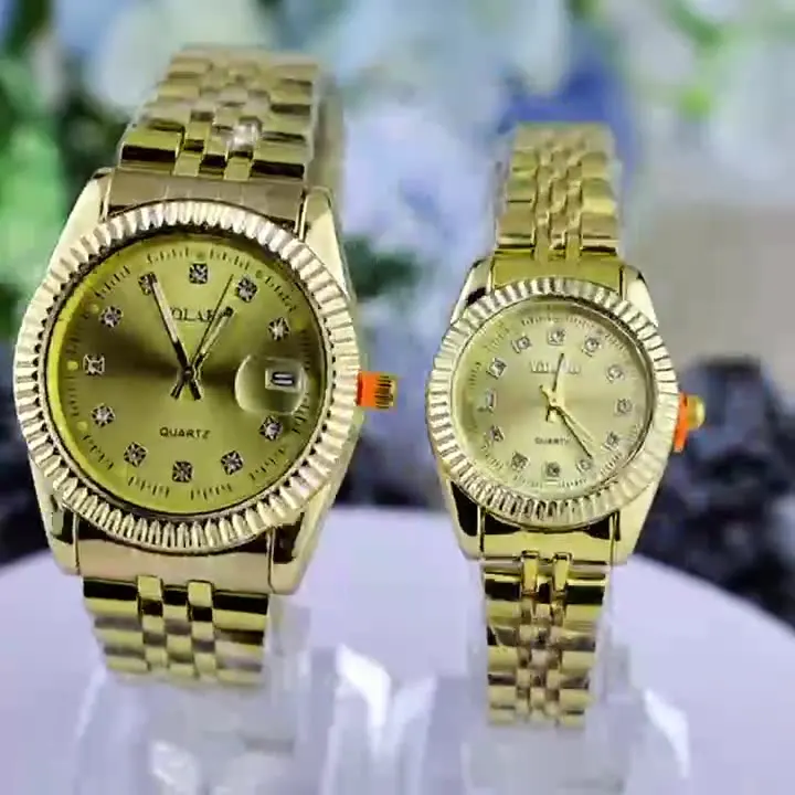 Zegarki damskie Prosta moda studencka Kwarcowy stalowy pasek wysadzany diamentami Kalendarz Złoty zestaw Męski zegarek dla par