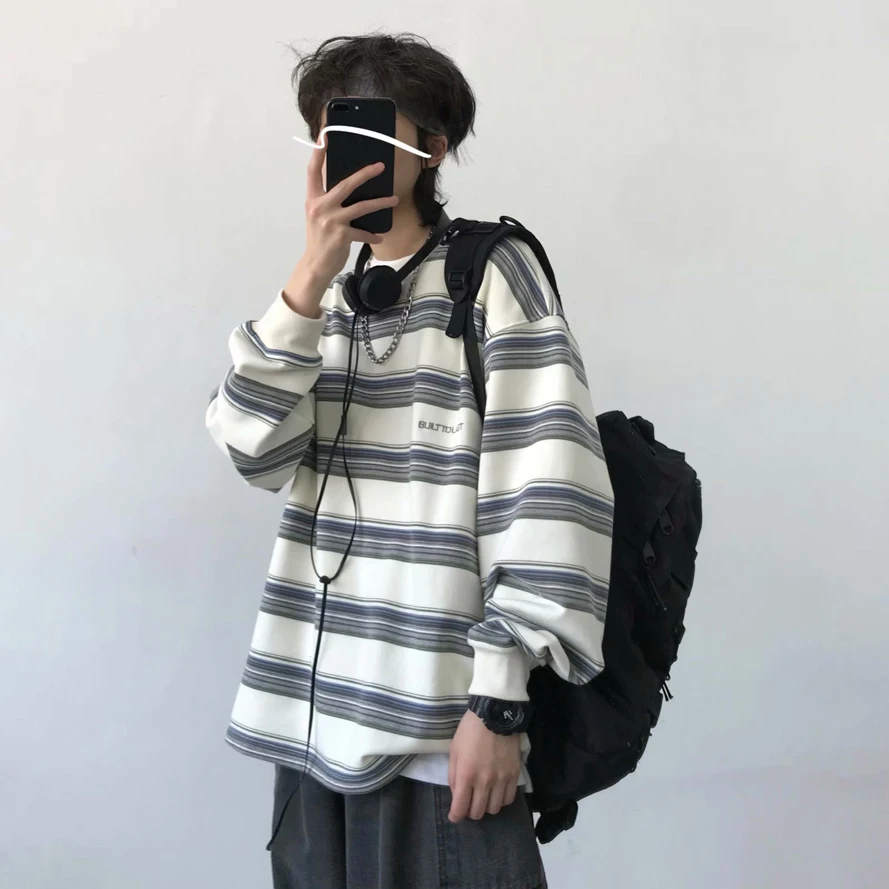 아메리칸 스타일 y 스트라이프 긴 소매 티셔츠 십대를위한 게으른 스타일 스웨트 내부 착용 캐주얼 올 시즌 코튼 블렌드