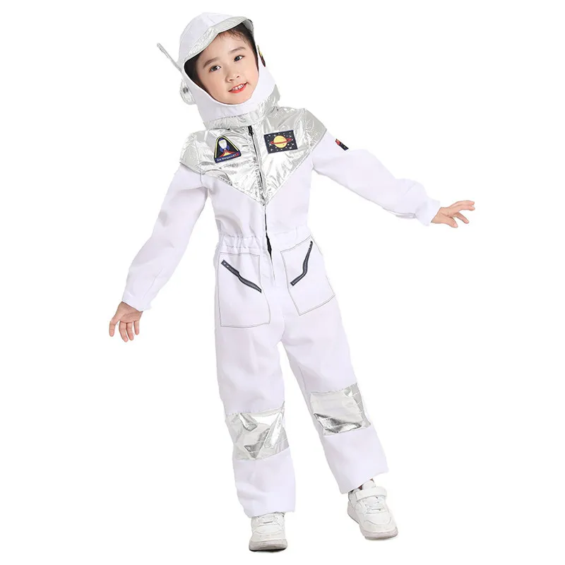 Child Astronaut Costume Spaceman Fantasy Jumpsuit School Performance Costume Halloween Cosplay Hooded Suit Free White Gloves