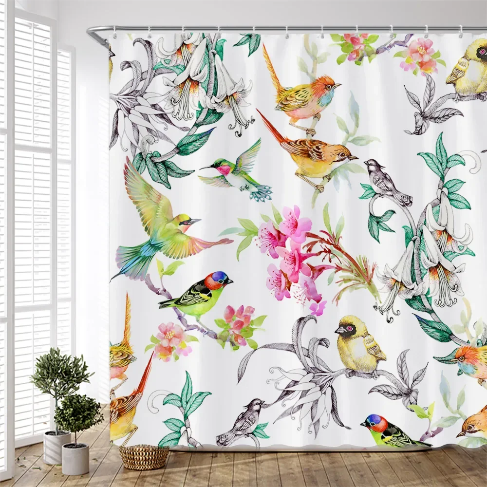 Cartoon Colorful Birds Shower Curtains Creative Design Watercolor Printing Chinese Style Cloth Bathroom Curtain Set Simple Decor shower curtains