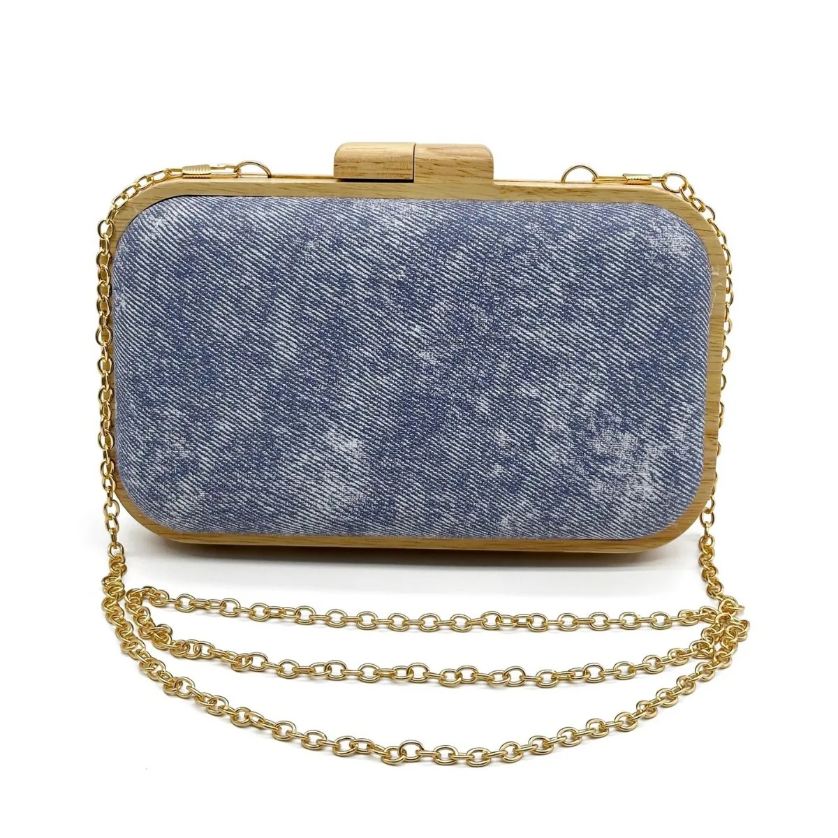 Vintage Washed Denim Clutch Bag for Women Chains Shoulder Crossbody Bags Fashion Wooden Clip Evening Party Purses Wedding Bag