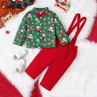 Ceeniu New Year Costume For Boys Christmas Outfits Gentleman Necktie Green Shirts Red Suspender Pants Kids Christmas Clothes