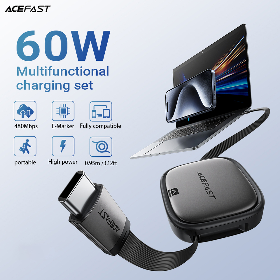 ACEFAST Multifunction Retractable USB-C Data Charging Cable with USB-A /Micro-USB Adapter Travel Set Storage Box For Home/Office