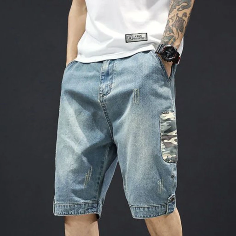 Pantalones cortos vaqueros rectos hasta la rodilla para hombre, largos, retro, ajustados, cortos, ajustados, ropa de calle, elásticos, anchos, XL, groseros