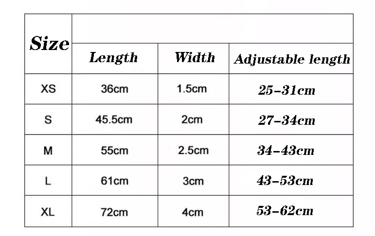 A size chart for the Adjustable Leather Dog Collar for Small to Large Dogs by The Stuff Box featuring stylish designs and durable leather material. Sizes range from XS to XL with corresponding measurements for length, width, and adjustable length in centimeters.