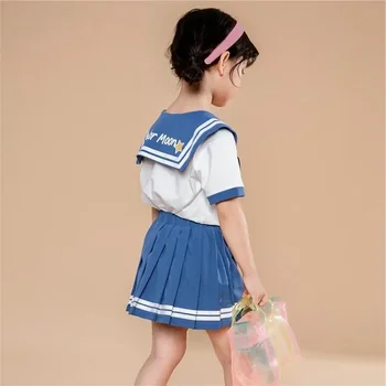 Baby Girls Clothes Set Summer Sailor Suit Kid's Pleated Skirt JK Uniform Toddler Girl Bownot Top & Striped Skirt Preepy Style 5