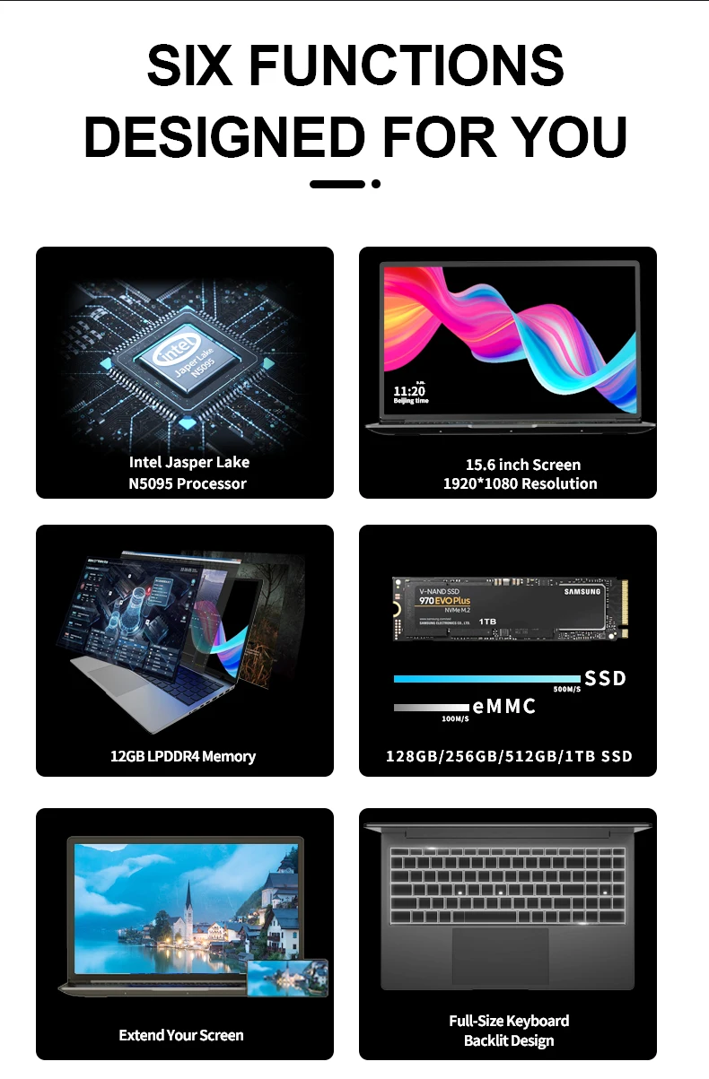 Laptop 15,6 Zoll 2K IPS 16 GB RAM 512 GB SSD Bürocomputer Billiger tragbarer Intel N5105 mit Fingerabdruckerkennung Windows 11