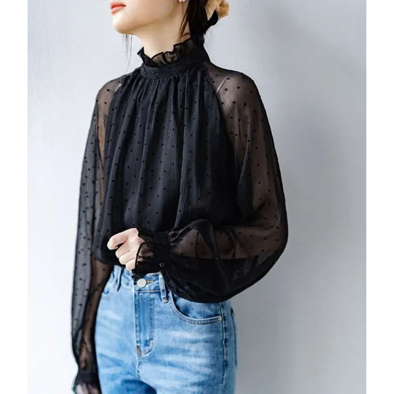 

2023 New Spring Fashion Solid Standing Collar Polka Dot Ear Collar Lantern Sleeve Temperament Commuter Women's Unique Shirt