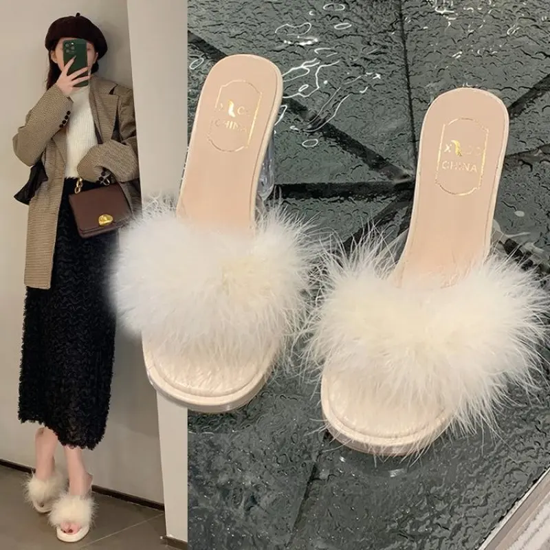 NEW Summer Woman Pumps Transparent Feather Perspex Crystal High Heels Fur Peep Toe Mules Slippers Ladies Slides Sexy Shoes New
