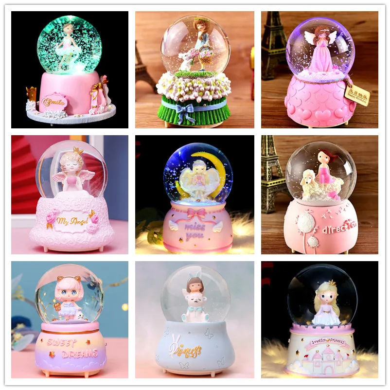 Creative Cartoon Girls Crystal Ball Romantic Color Light Snow Music Box Home Desktop Decoration Valentine's Day Birthday Gifts