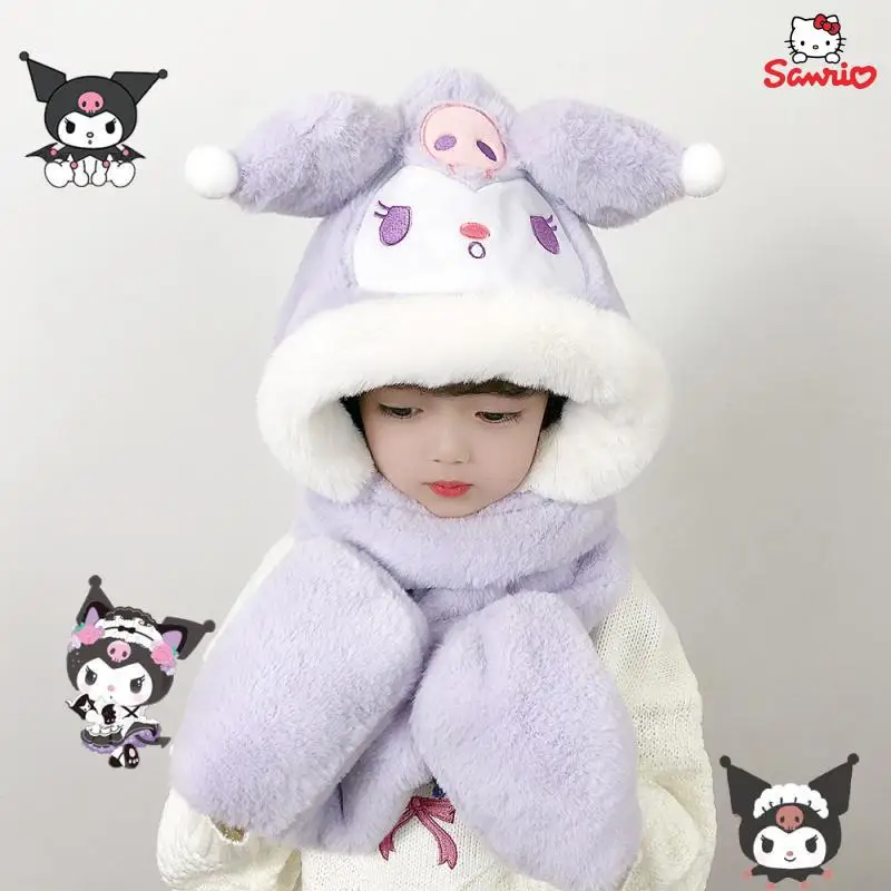 

Sanrio Kawaii Cartoon Kuromi Cinnamoroll Mymelody Kids 3-In-1 Plush Hat Scarf Gloves Soft Baby Windproof Scarf Cap Hooded Scarf