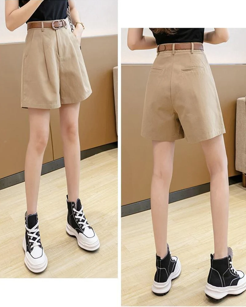 Summer Women's Suit Shorts Casual Loose Wide Leg Pants Pockets Office Shorts Solid Oversized Black Trousers Pantalones with Belt