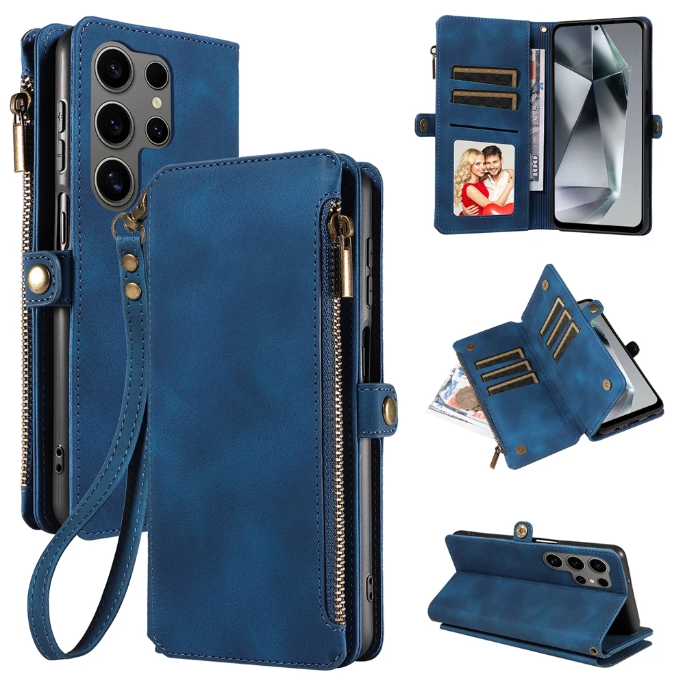 Zipper Flip Leather Wallet Case with Strap - Phone Cover with Card and Cash Holder