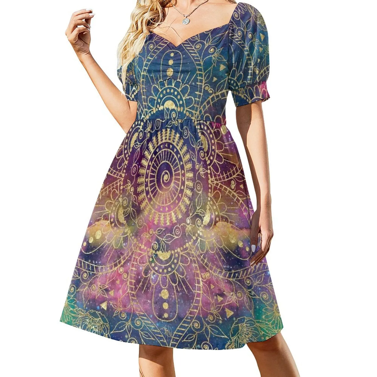 thumbnail image 1 of Vestido de manga corta con nebulosa colorida de acuarela y mandala dorado Ropa para mujer vestidos largos para mujer Vestido, 1 of 7