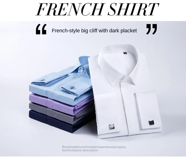 Description Picture 3 of item2023 Spring New Men's French Cufflinks Shirt Business Dress Sleeve Pin Solid Color Non-iron Shirt Slim Fit Korean Version