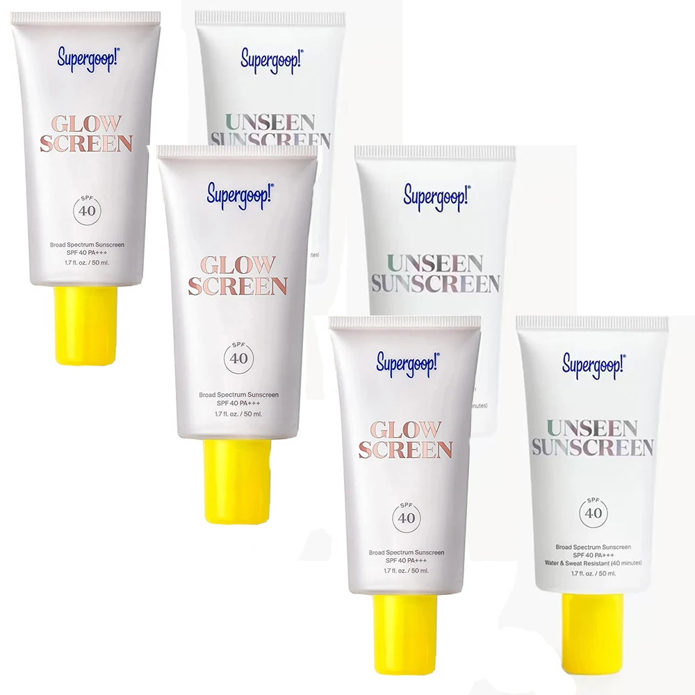 

6Pcs/Set Supergoop Unseen Sunscreen Invisible Cream Primer Makeup Base + GlowScreen Broad Spectrum Sunscreen SPF 40 PA+++ 50ml