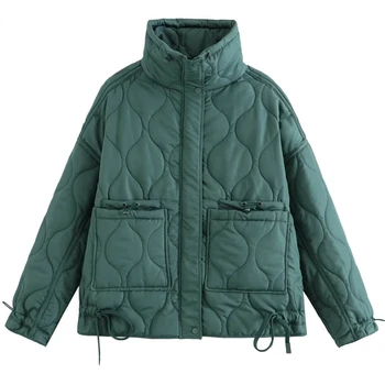 Fashion Khaki Quilted Cotton Jacket Straight Short Coat Zipper Stand Collar Pocket Blogger Streetwear Female Outwears 2023