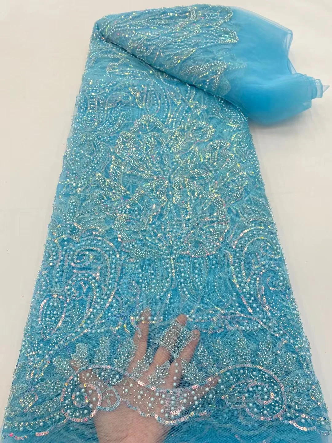 African New Arrival Luxury Sequins 5 Yards Mesh Fabric 2022 French High Quality Handmade Beaded Tulle Lace Women Dinner Dress