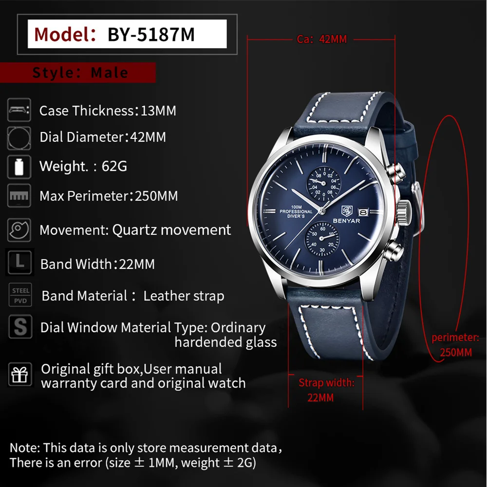BENYAR New Leather Men Quartz Wristwatches Luxury Brand 100M Waterproof Men Watch Military Sports Chronograph Watch For Men