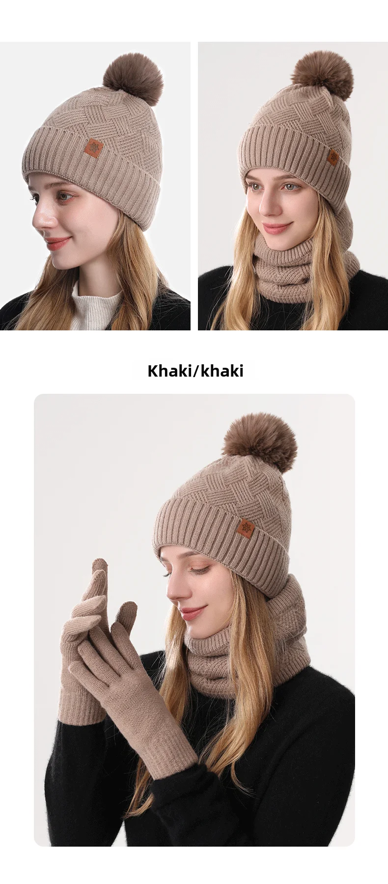 Herren/Damen Outdoor Warme Fleece-gefütterte Strickmützen Winter Kältebeständige doppellagige Strumpfmütze Einteiliges/dreiteiliges Set Skullies – Detail 5