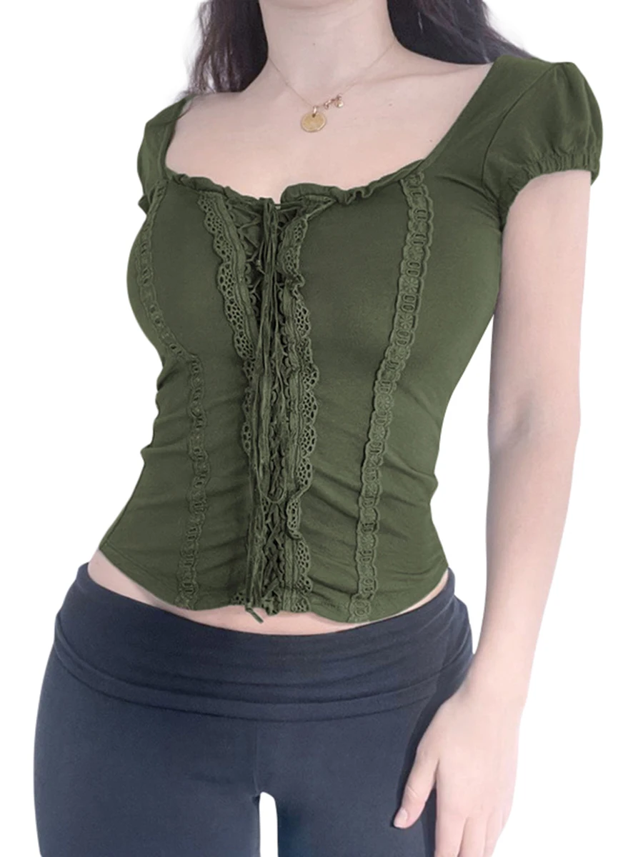 

Women Slim Fit Basic T Shirt Short Sleeve Crop Tops Summer Retro Lace Trim Tie Front Party Female Tanks Y2K Aesthetic Clothes