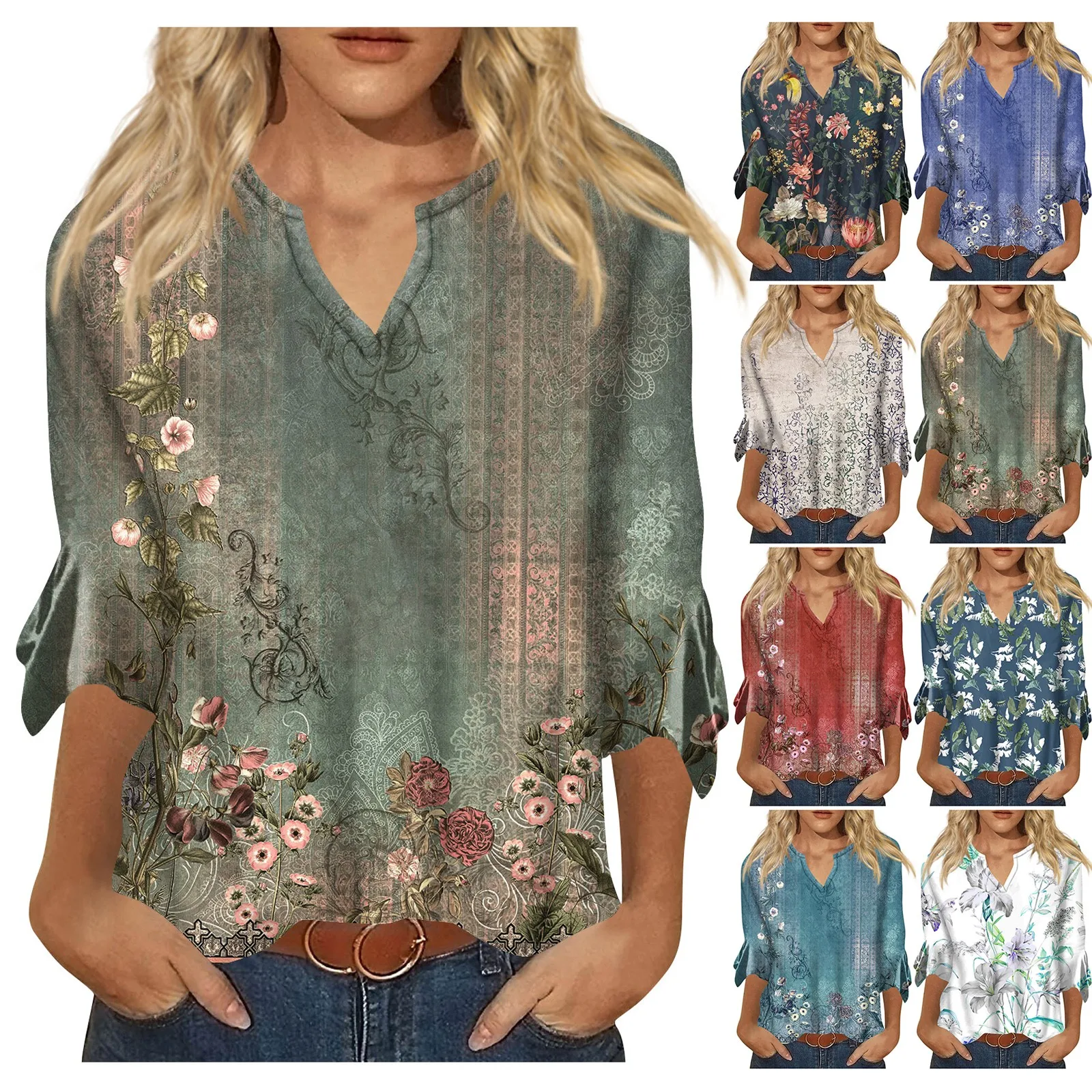 Women'S T-Shirt Loose Casual V-Neck Floral Printed Blouse Bell 3/4 Sleeve T-Shirt 2024 Spring Summer Top Vintage Clothing Female