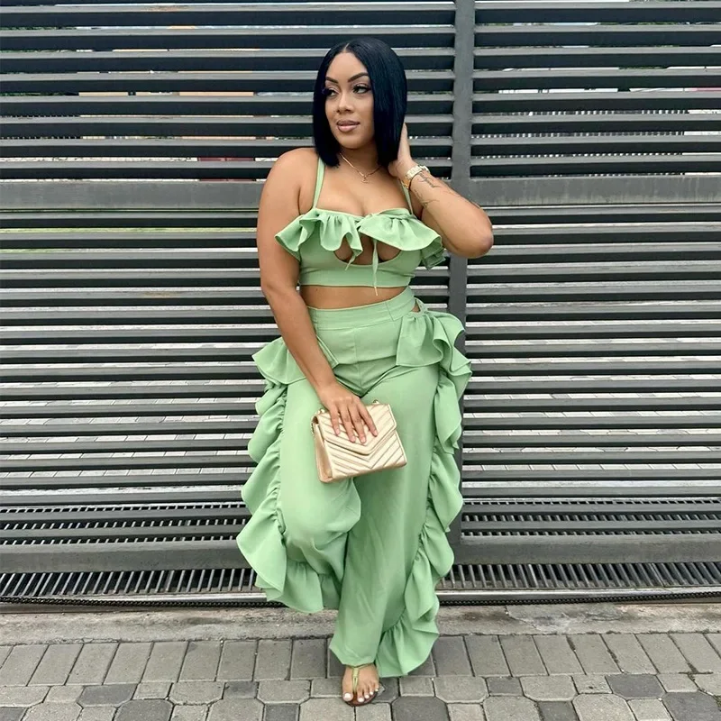 

Fashion Women's Set Strap Halter Neck Crop Top and Ruffles Side Wide Leg Pants Suits 2024 Summer Two 2 Piece Set Outfits