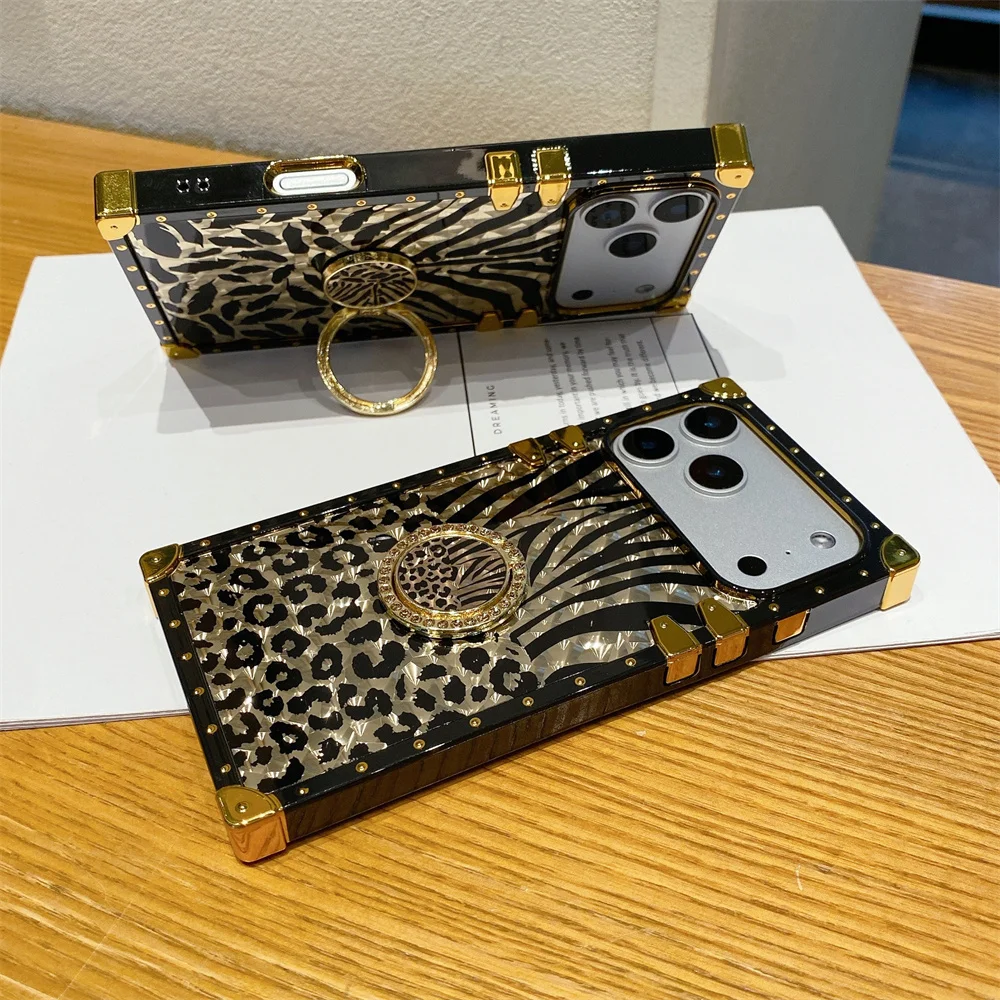 Luxury Leopard Gold Plating Glitter Case with Diamond Ring Stand Cover