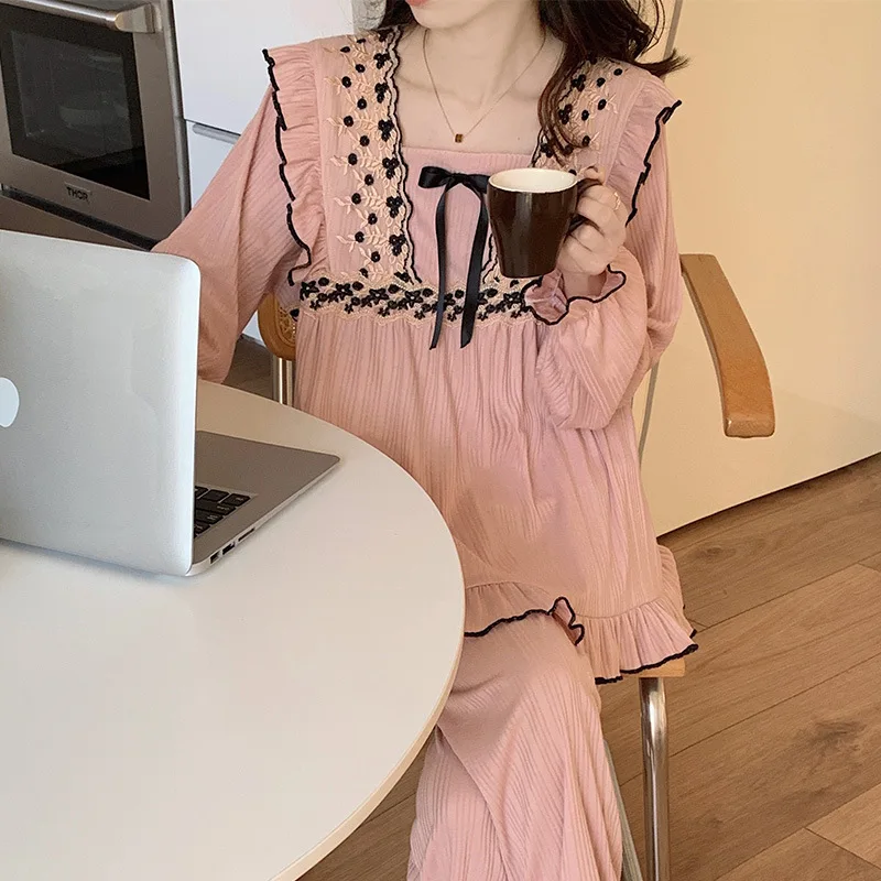 Lady's Pajama Retro Sets Sweet Striped Ruffles Long-sleeved Top With Bow Trousers Two-piece Sleepwear Suit Lace Cotton Homedress