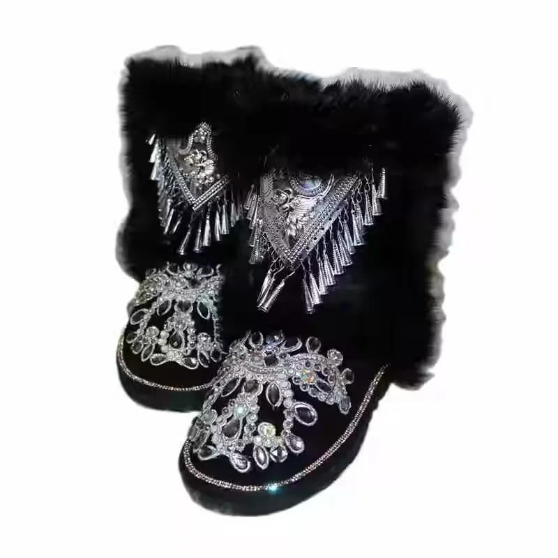 

Rusu vintage handmade custom cashmere warm boots winter fashion all-in-one fur boots for women 35-44