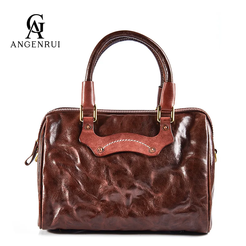 

ANGENGRUI • Luxury Women's Bags Leather Fashion Handbags Vegetable Tanned First Layer Classic Boston Crossbody