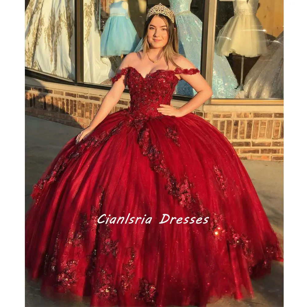 

Красное платье-бальное мексиканское Quinceanera с цветочным 3D аппликацией и блестками бальное платье с открытыми плечами корсет Vestidos De XV Anos